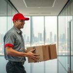 مندوب توصيل شركات يقوم بتسليم طرود لإحدى الشركات في دبي